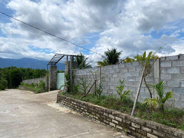 This image shows a concrete wall with a metal gate, lined with young palm trees alongside a paved road, under a cloudy blue sky and mountain backdrop.