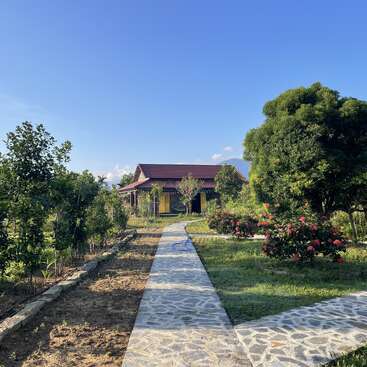 A stone pathway leads through a lush garden with trees and vibrant flowers to a charming house with a red roof under a clear blue sky.
