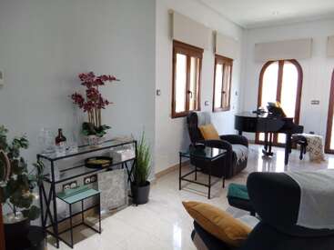 Dieses Bild zeigt ein helles Wohnzimmer mit einem Flügel, Sesseln, Glastischen, Topfpflanzen, dekorativen Blumen, großen Fenstern, einem Barwagen und pastellfarbenen Wänden.