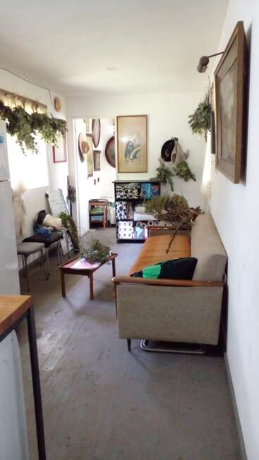 Acogedor salón con un sofá beige, una mesita, plantas, sombreros colgados en la pared, cuadros, estanterías con objetos decorativos y varias ramas verdes repartidas por la habitación.