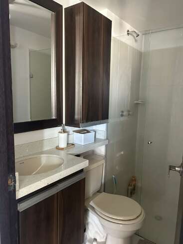 Dieses Bild zeigt ein kompaktes Badezimmer mit einem weißen Waschbecken, dunklen Holzschränken, einer Toilette, einer Glasduschabtrennung, einem großen Spiegel, einem Seifenspender und einer minimalistischen Einrichtung.