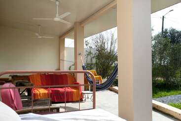 A cozy covered patio with ceiling fans features colorful couches, a hammock, and outdoor furniture. Sunlight streams in, greenery surrounds the area, creating a relaxing atmosphere.