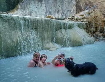 Três pessoas relaxam em uma piscina termal natural sob uma pequena cachoeira, enquanto um cachorro brincalhão nas rochas interage alegremente com elas na água.