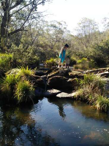 Une femme et un enfant se tiennent sur des rochers dans une forêt, surplombant un ruisseau avec une végétation luxuriante et des arbres qui les entourent par une journée ensoleillée.