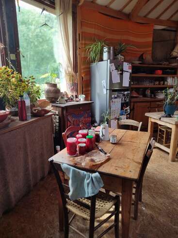 Une cuisine rustique et chaleureuse avec des meubles en bois, des plantes, des bocaux de conserves sur la table, la lumière du soleil qui pénètre par la fenêtre et divers ustensiles de cuisine qui créent une atmosphère chaleureuse.