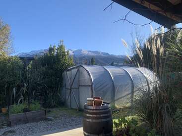 Un día despejado en un jardín muestra un invernadero, un barril con macetas, hierba alta y parterres elevados. Se ven montañas nevadas y un cielo azul.