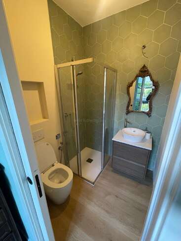 This image shows a small bathroom featuring a toilet, glass shower enclosure, modern sink with wooden cabinet, hexagonal green tiles, ornate mirror, and wood-look flooring.