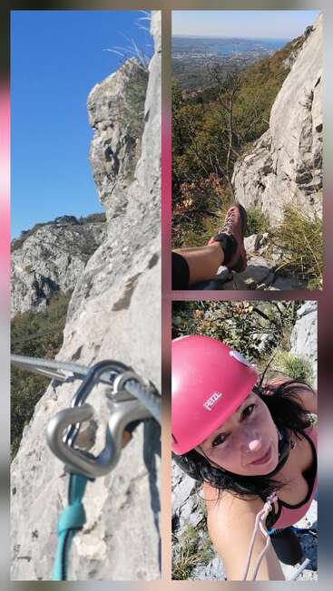 Esta colagem mostra uma mulher escalando uma montanha rochosa, usando equipamento de escalada. Ela usa um capacete, descansando com vistas panorâmicas e fotos em close-up de sua aventura.