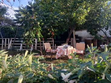 Deux chaises et une table avec une nappe fleurie sont assises dans un jardin verdoyant sous des arbres, entouré de plantes, de soleil et d'une clôture en bois rustique.