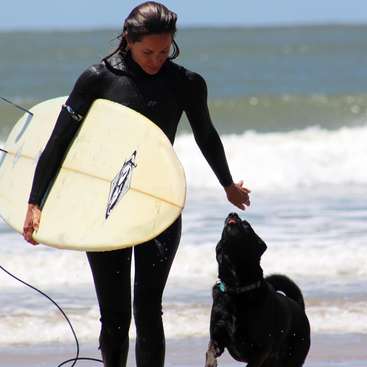 L'image représente une femme en combinaison de plongée tenant une planche de surf, avec un chien noir se tenant à côté d'elle sur la plage et la regardant.