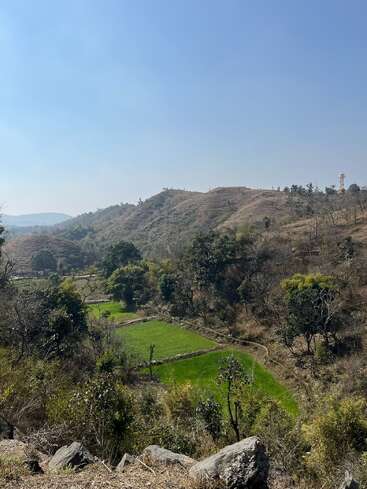 Ein strahlend blauer Himmel überzieht sanfte Hügel, trockene Vegetation und vereinzelte Bäume. Im Tal stechen üppig grüne Felder aus der ansonsten kargen Landschaft hervor.