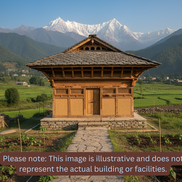 A traditional wooden house stands in a green field with stone pathway, surrounded by lush mountains and snow-capped peaks under a clear blue sky. Disclaimer included.