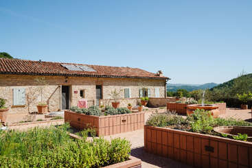 Une maison rustique en pierre avec un toit en tuiles se trouve sous un ciel clair, entourée de parterres de jardin surélevés, de plantes en pot et de collines pittoresques au loin.