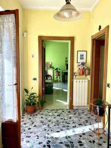Un couloir lumineux avec des murs jaunes, un sol en terrazzo, des plantes en pot, des rideaux en dentelle et un luminaire vintage. Les portes mènent à des pièces peintes en vert clair.