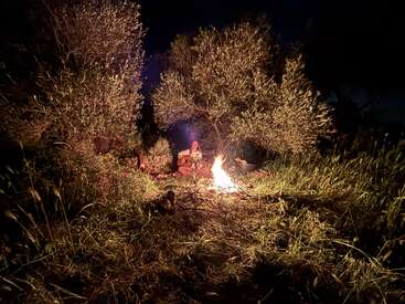Une personne est assise près d'un feu de camp dans une clairière herbeuse, entourée d'arbres, dans la nuit. La lueur chaleureuse du feu éclaire la scène, créant une atmosphère paisible et rustique.