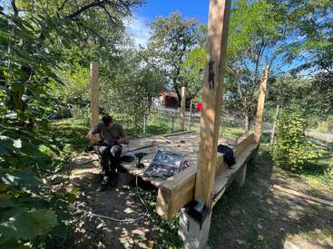 Una persona está construyendo una estructura de madera al aire libre, rodeada de vegetación, árboles y herramientas, bajo un cielo azul y despejado en un día soleado.