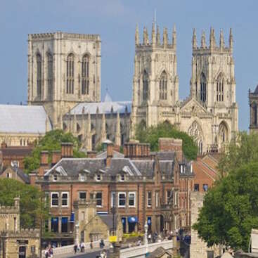 La imagen representa una majestuosa catedral con múltiples torres, situada detrás de una hilera de edificios y árboles, sobre un cielo azul despejado.