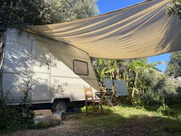 Uma aconchegante caravana branca está estacionada sob uma grande lona que oferece sombra, cercada por uma vegetação exuberante. Uma cadeira de madeira e roupas penduradas criam um cenário tranquilo ao ar livre.