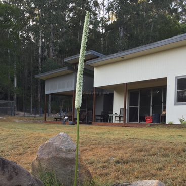 The image depicts a serene scene of a house with a large yard, featuring a prominent white flower and large rocks in the foreground.