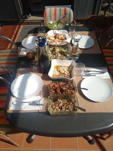 Une table en plein air, baignée de soleil, est dressée pour quatre personnes : on y trouve des salades, du pain, des légumes cuits, des olives marinées et du poulet, tandis que les boissons, les assiettes et les couverts sont soigneusement disposés.