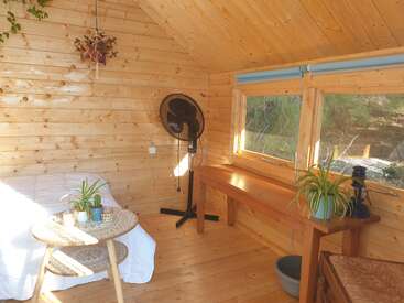 This cozy wooden room has natural light, a simple bed, a small table with plants, a standing fan, wooden desk, large windows, and hanging plants.