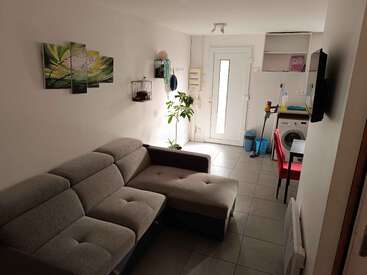 This image shows a cozy, modern living room with a gray sectional sofa, wall art, a TV, houseplants, a kitchen area, and natural light from the door.