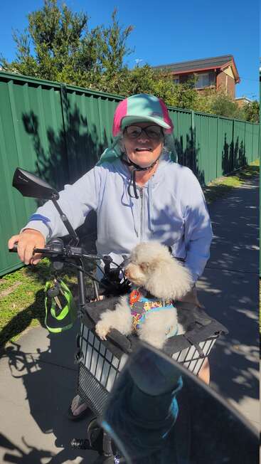 Uma mulher sorridente, usando capacete e óculos, anda de bicicleta com um cachorro branco e fofo sentado confortavelmente em uma cesta, aproveitando um dia ensolarado.