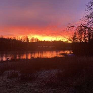 Das Bild zeigt einen heiteren Sonnenuntergang über einem ruhigen See, mit Bäumen am Ufer und einem leuchtenden Himmel, der sich auf der Wasseroberfläche spiegelt.