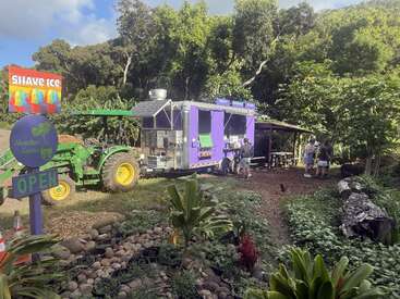 A vibrant shave ice food truck sits next to a green tractor in a lush, tropical garden. People gather, surrounded by plants and trees. Open sign displayed.