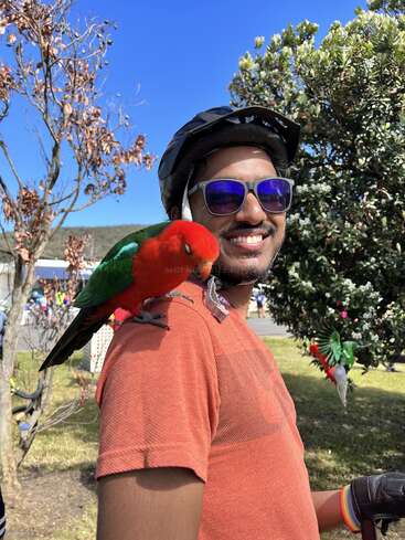 Um homem sorridente usando óculos escuros e capacete segura um papagaio vermelho e verde vibrante em seu ombro ao ar livre, com árvores e céu azul ao fundo.