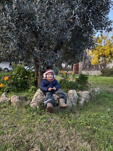 A young child sits on a stone bench under a large tree, surrounded by grass, flowers, and greenery in a peaceful, sunny outdoor garden setting.