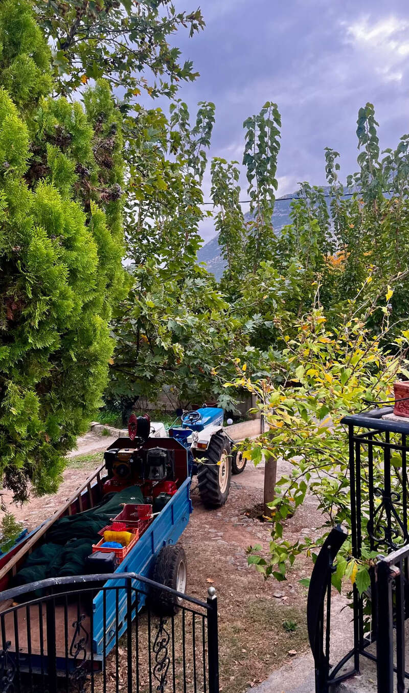 Un tractor y un remolque azules cargados de cestas y equipamiento se detienen en un camino de tierra, rodeados de frondosos árboles verdes y montañas bajo un cielo nublado.