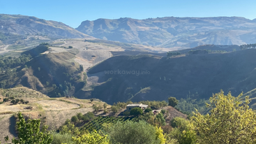 Rolling hills covered in green and brown vegetation, a small isolated house nestled below, bathed in sunlight, with magnificent mountains in the background under a clear blue sky.