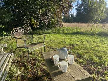 Um banco de madeira na grama, com três canecas e um bule de chá. A luz do sol banha a cena, com cadeiras de metal próximas e árvores ao fundo. Tranquilo.