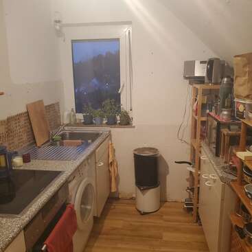 Una cocina pequeña y acogedora con suelos de madera, encimera, fregadero, lavadora, estanterías abiertas, ventana con plantas, cubo de basura y diversos electrodomésticos y utensilios de cocina.