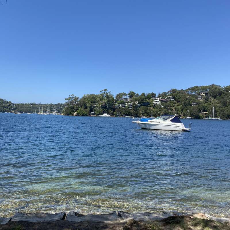 The image depicts a serene lake scene with a white boat floating on the water, surrounded by trees and houses in the background on a sunny day.