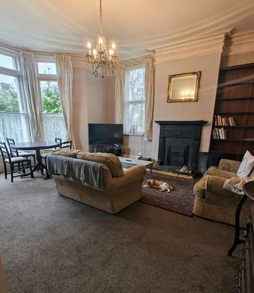 A cozy living room with two sofas, a chandelier, large windows, a fireplace with a mirror above, bookshelves, a round table, TV, and a dog.