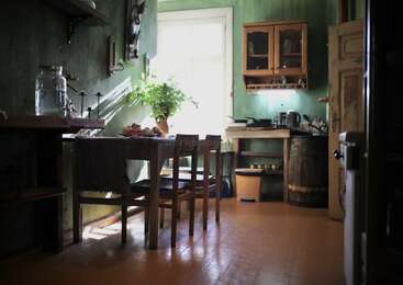 Une cuisine rustique aux murs verts, avec des meubles en bois et une fenêtre baignée de soleil. Une table dressée avec de la nourriture, des plantes, des bocaux et des étagères crée une ambiance chaleureuse et conviviale.