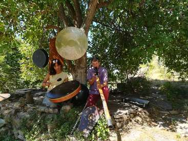 Two people sit under a large leafy tree, playing musical instruments including a handpan, didgeridoo, and gongs, surrounded by nature and green foliage.