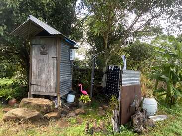 Une cabane rustique avec des murs en tôle ondulée se trouve au milieu d'une végétation luxuriante. Des marches en pierre, des plantes en pot et un ornement en forme de flamant rose créent un cadre naturel et fantaisiste.