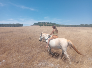 Eine junge Frau reitet barfuß auf einem weißen Pferd durch ein sonniges, trockenes Grasfeld unter einem klaren blauen Himmel, umgeben von fernen Bäumen und sanften Hügeln.