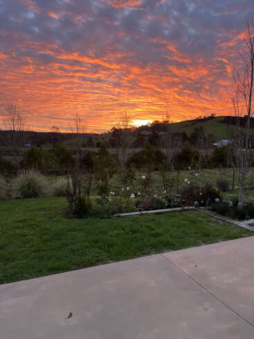 Una impresionante puesta de sol ilumina el cielo con vibrantes tonos naranjas y morados. Colinas ondulantes, árboles y un jardín crean un paisaje rural tranquilo y pintoresco.