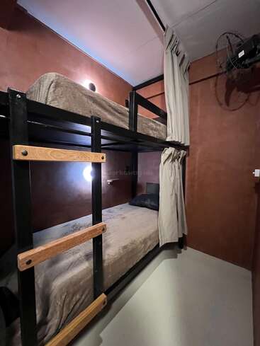 This image shows a small, cozy room with brown walls, featuring a metal bunk bed with wooden ladder steps, curtains for privacy, and a wall-mounted fan.
