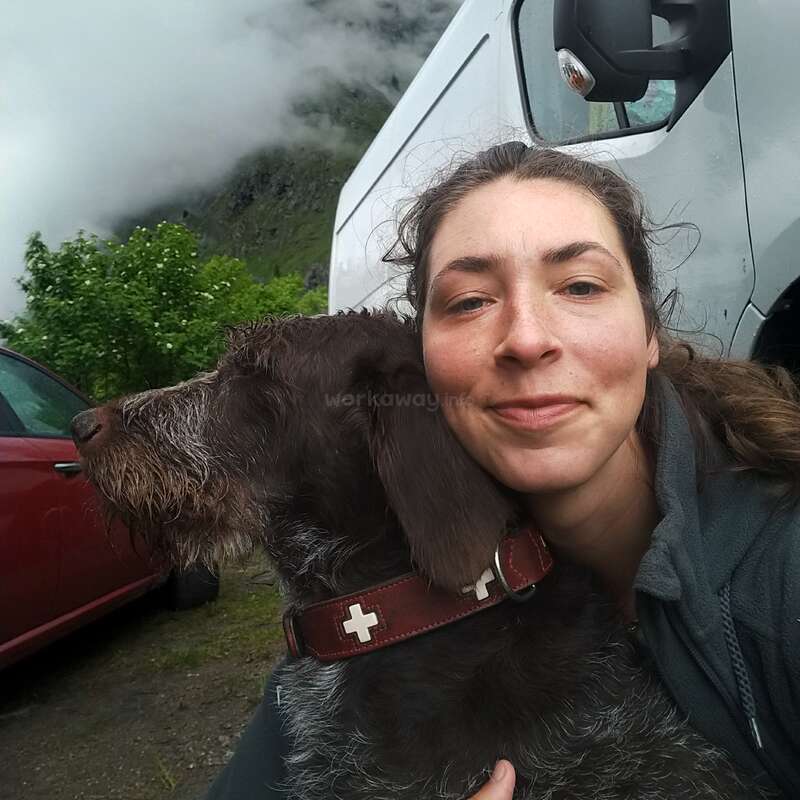 Eine Frau lächelt und umarmt einen braunen, struppigen Hund. Sie sind im Freien in der Nähe von Fahrzeugen, mit Bäumen und nebligen Bergen im Hintergrund. Ein gemütlicher, natürlicher Moment.