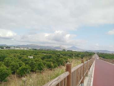 Un largo camino con una barandilla de madera se extiende en la distancia junto a exuberantes campos verdes. El cielo está parcialmente nublado y se ven montañas más allá del horizonte.