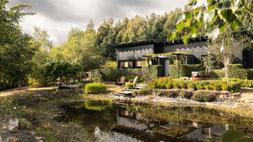 Una moderna casa negra rodeada de exuberante vegetación y árboles, con un tranquilo estanque en primer plano que refleja la paz del jardín y la arquitectura.