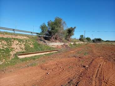 This image shows a dirt path with reddish soil, some scattered grass, and bushes. A concrete trough and fence are visible under a clear blue sky.