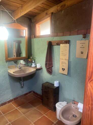Cette salle de bains rustique est dotée d'un plafond en bois, de murs verts, de carreaux en terre cuite, d'un miroir, d'un lavabo, d'un bidet, d'une serviette, d'instructions, d'une poubelle et de touches décoratives bien pensées. Ambiance chaleureuse.
