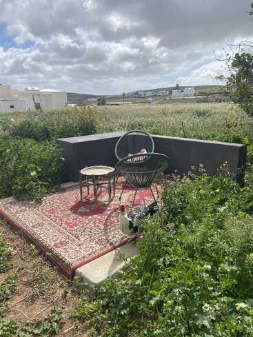 Un coin salon extérieur chaleureux, avec deux chaises et une table posées sur un tapis rouge, au milieu de la verdure. Un coq se tient à proximité, sous un ciel nuageux.