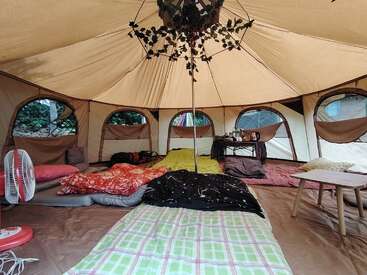 Dieses Bild zeigt das Innere eines geräumigen Zeltes mit mehreren Schlafsäcken, Kissen, einem Ventilator, einem kleinen Tisch und hängenden Pflanzen, die einen gemütlichen, komfortablen Platz zum Campen schaffen.